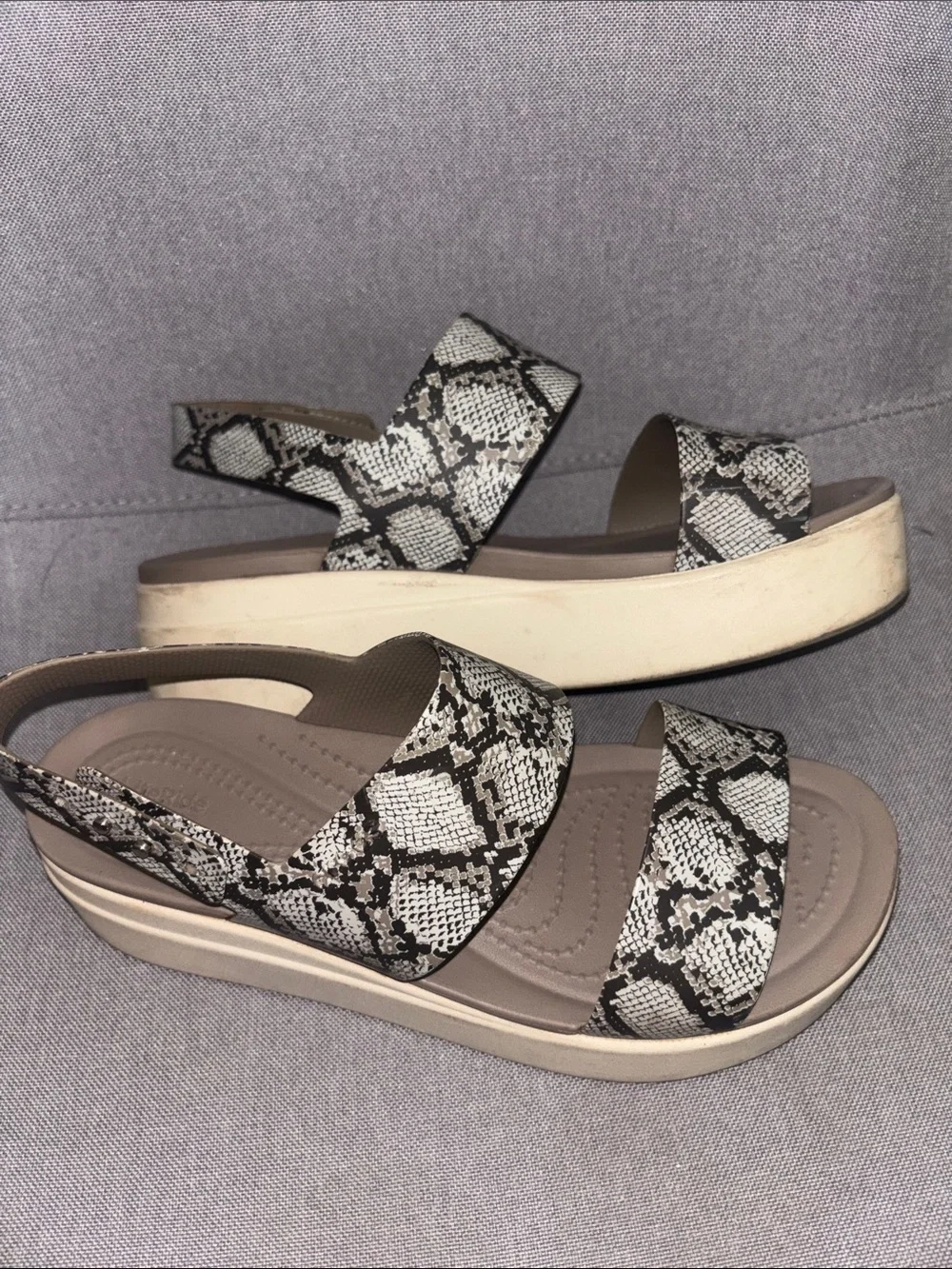 CROCS Snake Print Platform Wedge Sandals in Black and Cream